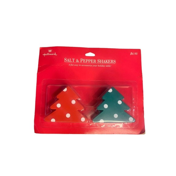 Vintage 1992 Hallmark Christmas Tree Salt & Pepper Shakers Red Green Plastic - Picture 1 of 6